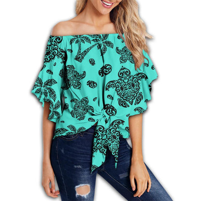 Polynesian Turtle Palm And Sea Pebbles Turquoise Hawaii Women's Off Shoulder Wrap Waist Top