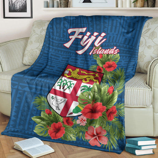 Fiji Islands Premium Blanket Tropical Flowers and Tapa Pattern