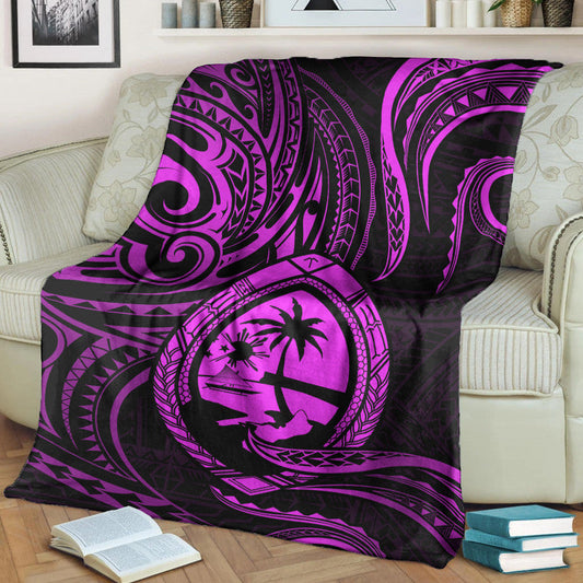 Polynesian Guam With Polynesian Tribal Tattoo and Coat of Arms Premium Blanket Purple Version