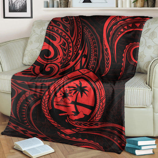 Polynesian Guam With Polynesian Tribal Tattoo and Coat of Arms Premium Blanket Red Version