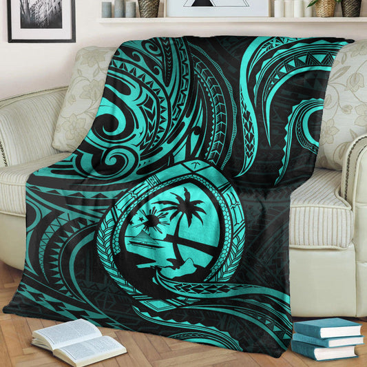 Polynesian Guam With Polynesian Tribal Tattoo and Coat of Arms Premium Blanket Turquoise Version
