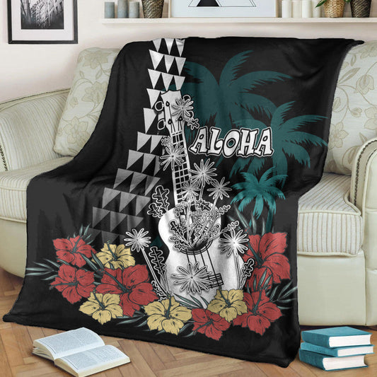 Hawaii Ukulele Mix Hibiscus and Coconut Tree Premium Blanket Aloha Vintage Black Version