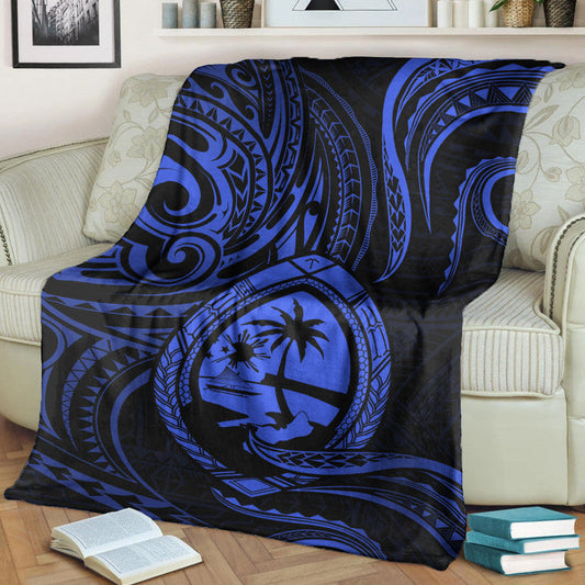 Polynesian Guam With Polynesian Tribal Tattoo and Coat of Arms Premium Blanket Blue Version