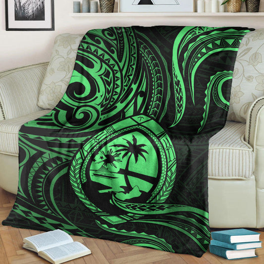Polynesian Guam With Polynesian Tribal Tattoo and Coat of Arms Premium Blanket Green Version