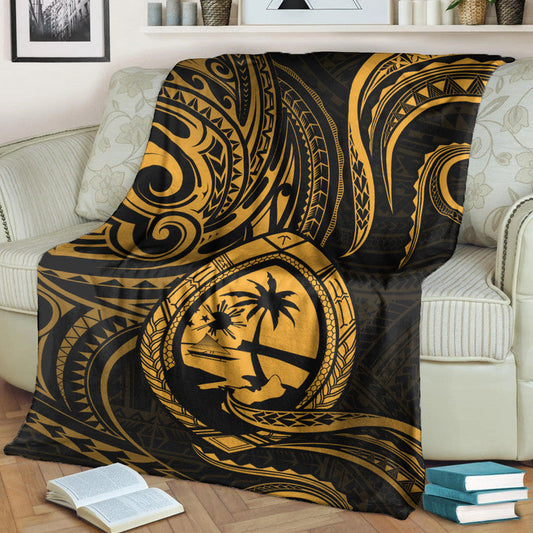 Polynesian Guam With Polynesian Tribal Tattoo and Coat of Arms Premium Blanket Gold Version
