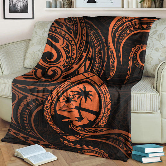 Polynesian Guam With Polynesian Tribal Tattoo and Coat of Arms Premium Blanket Orange Version