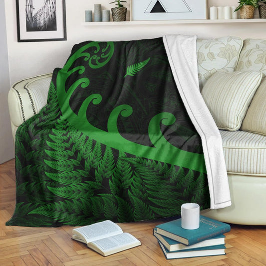 New Zealand Rugby Maori Premium Blanket Silver Fern Koru Vibes Green