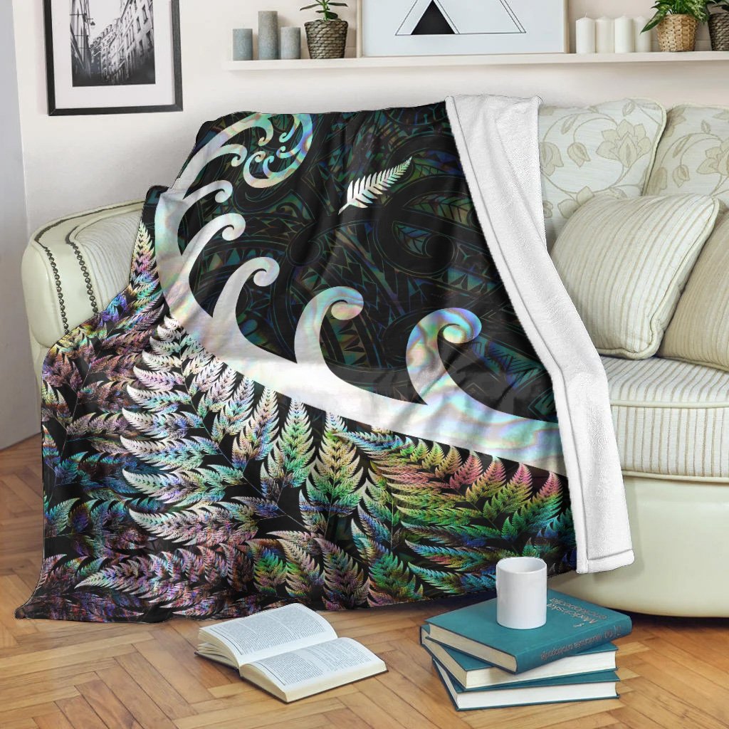 New Zealand Rugby Maori Premium Blanket Silver Fern Koru Vibes Paua Shell