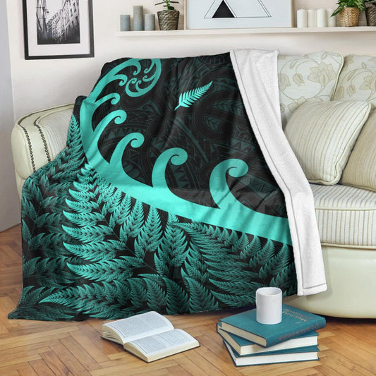 New Zealand Rugby Maori Premium Blanket Silver Fern Koru Vibes Turquoise