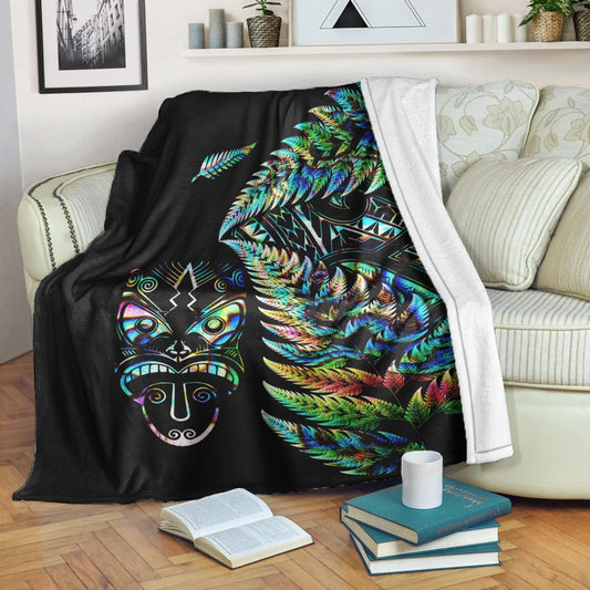 New Zealand Haka Rugby Maori Premium Blanket Silver Fern Vibes Paua Shell