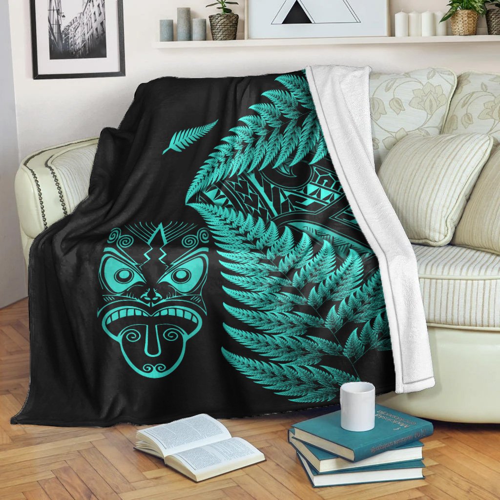 New Zealand Haka Rugby Maori Premium Blanket Silver Fern Vibes Turquoise