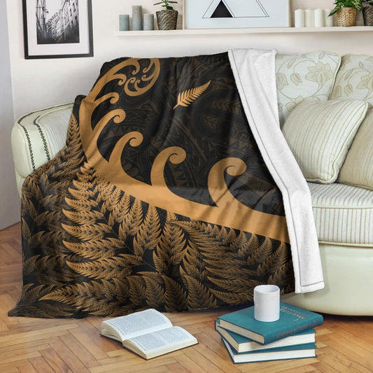 New Zealand Rugby Maori Premium Blanket Silver Fern Koru Vibes Gold