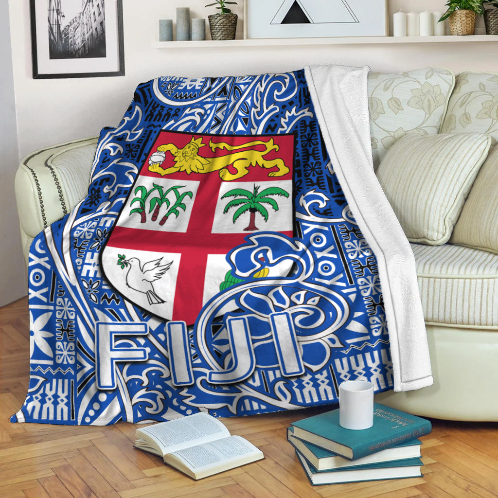 Fiji Premium Blanket Tapa Patterns White And Blue Style