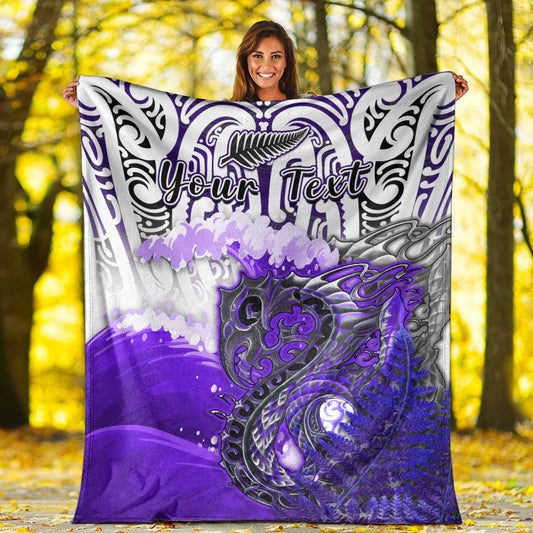 Custom Personalised Manaia Maori Premium Blanket Fern Aotearoa Purple Waves