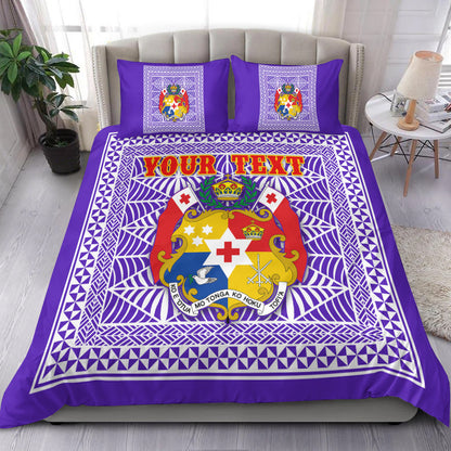 (Custom Personalised) Tonga Pattern Bedding Set Coat of Arms Purple and White