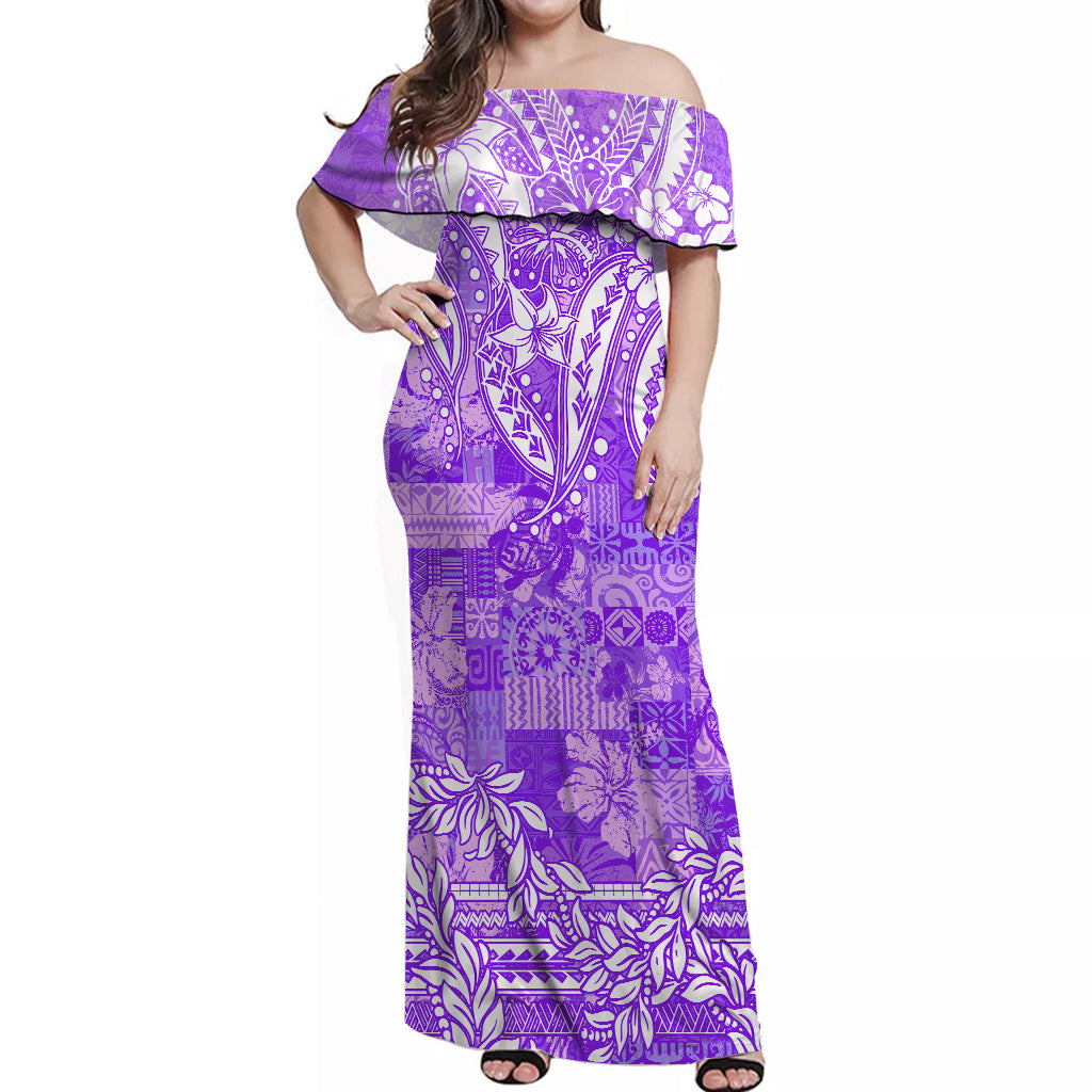 Polynesian Off Shoulder Long Dress Tapa Plumeria Style Purple
