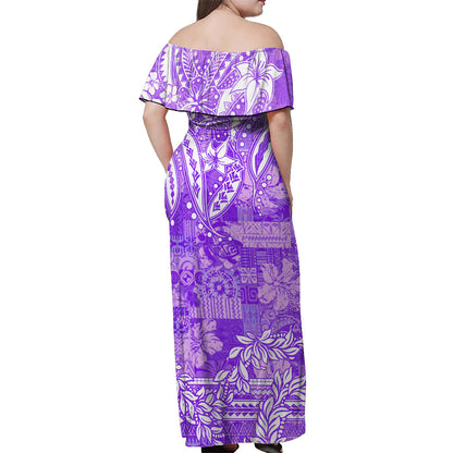 Polynesian Off Shoulder Long Dress Tapa Plumeria Style Purple