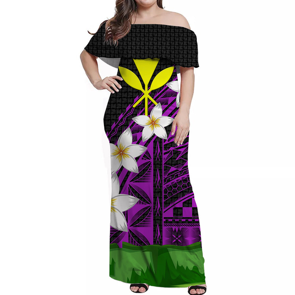 Hawaii Off Shoulder Dress Banana Leaf With Plumeria Flowers Purple