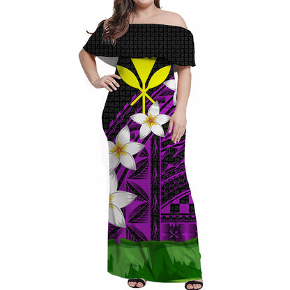 Hawaii Off Shoulder Dress Banana Leaf With Plumeria Flowers Purple
