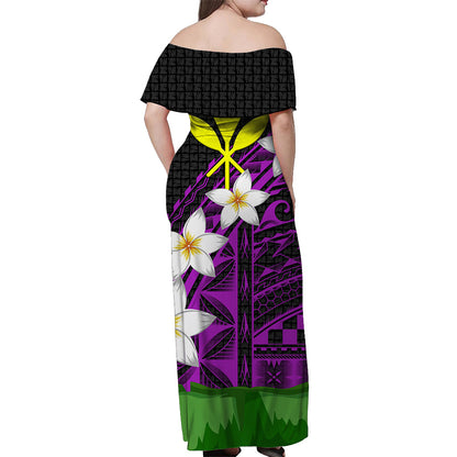 Hawaii Off Shoulder Dress Banana Leaf With Plumeria Flowers Purple