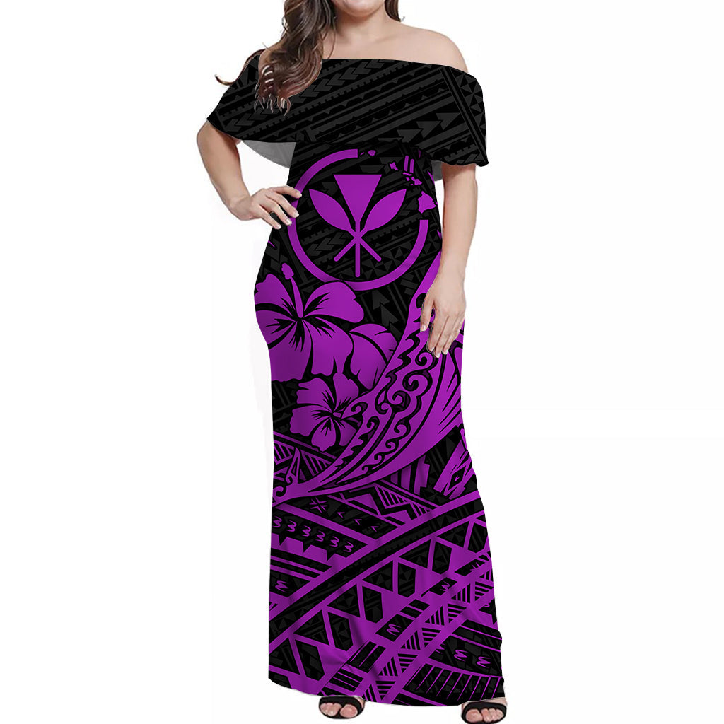 Hawaii Humpback Whale With Hibiscus Tribal Off Shoulder Dress Purple