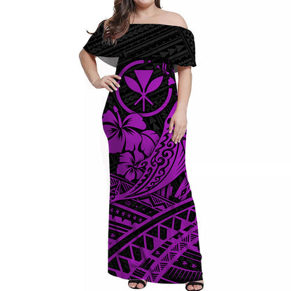 Hawaii Humpback Whale With Hibiscus Tribal Off Shoulder Dress Purple