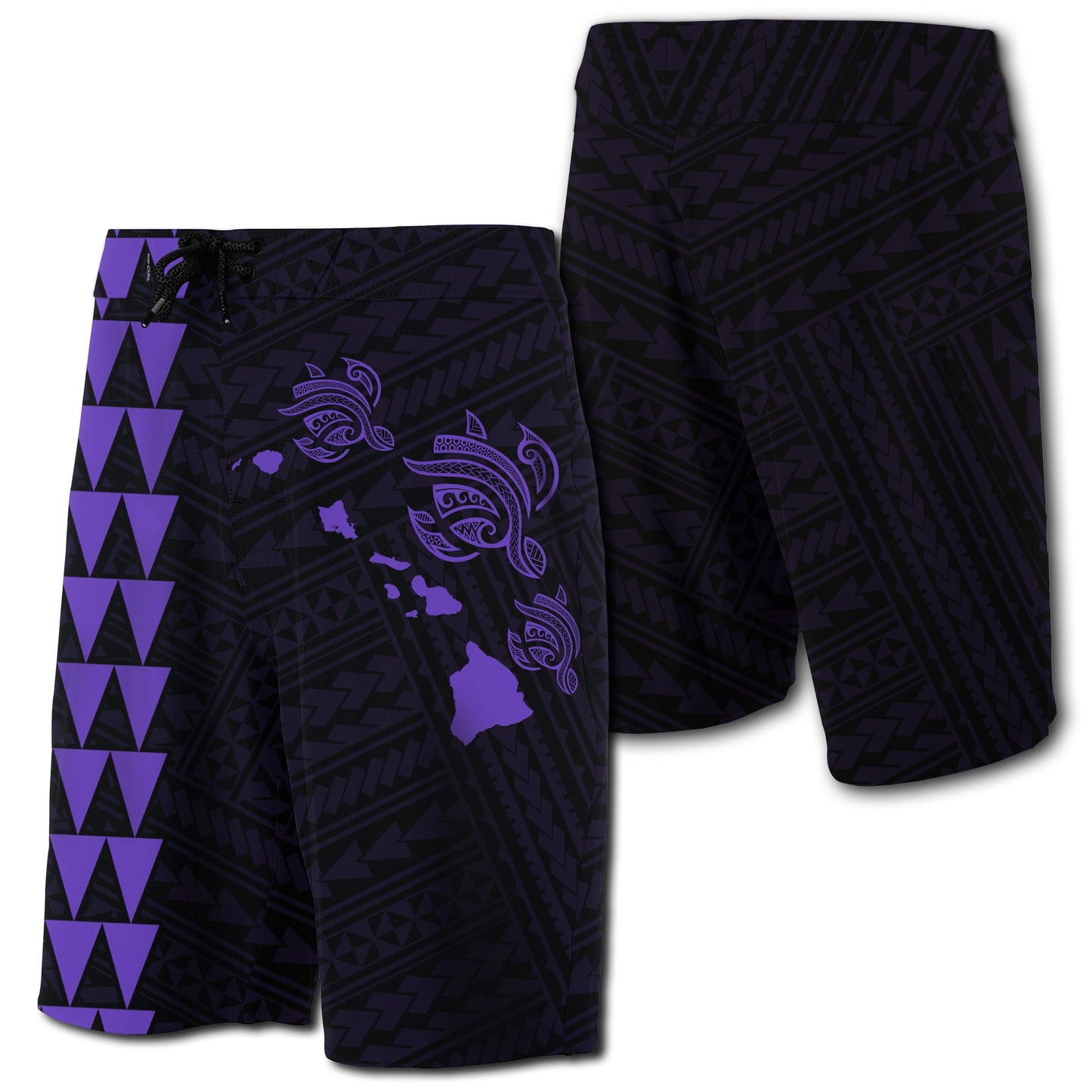 Hawaii Kakau Polynesian Three Turtles Map Board Shorts - Purple