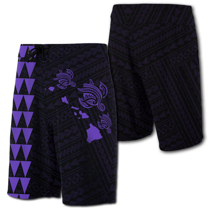Hawaii Kakau Polynesian Three Turtles Map Board Shorts - Purple