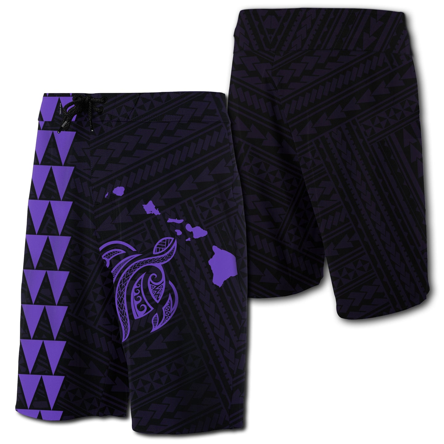 Hawaii Kakau Polynesian Turtle Map Board Shorts - Purple
