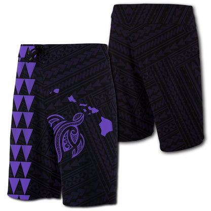 Hawaii Kakau Polynesian Turtle Map Board Shorts - Purple