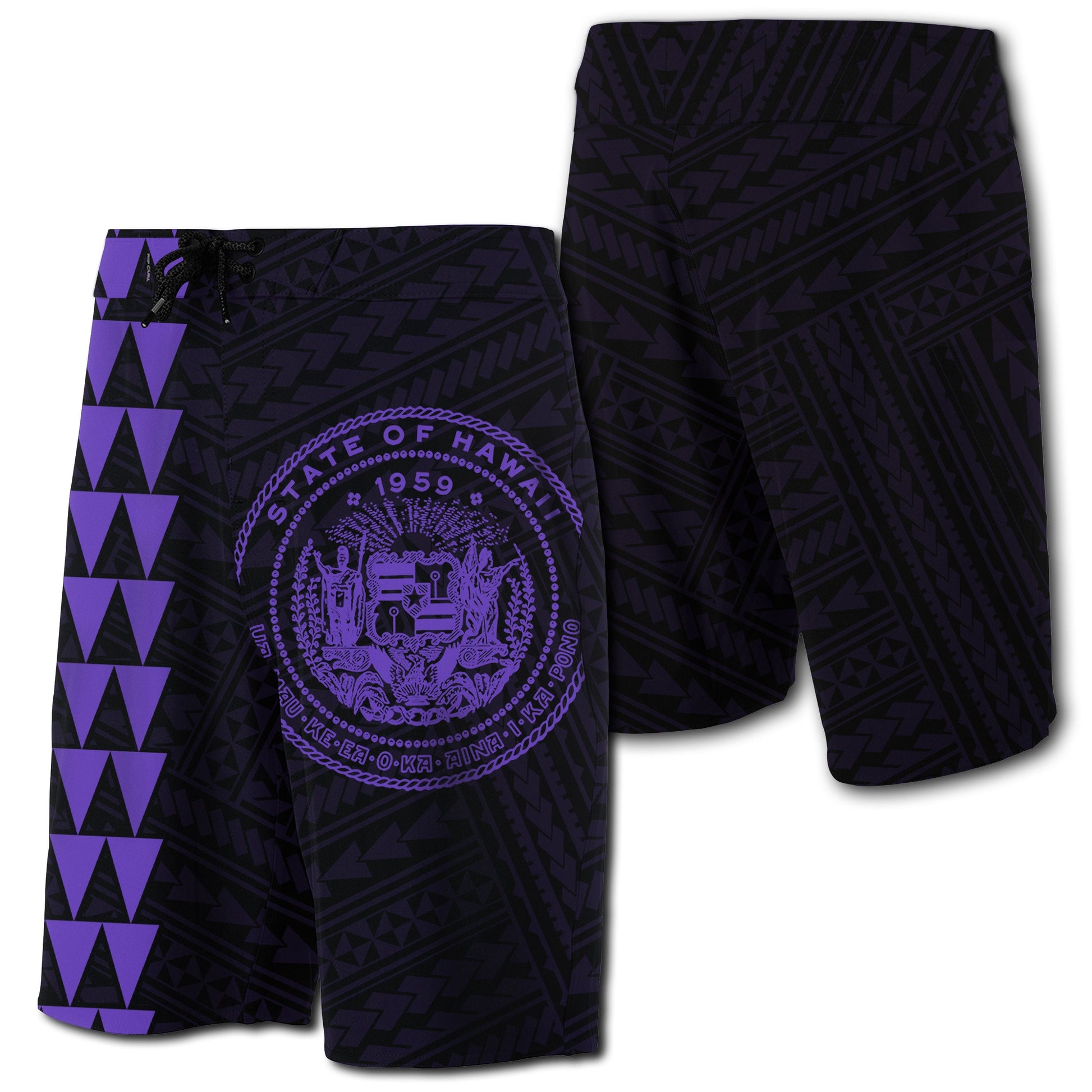 Hawaii Kakau Polynesian Coat Of Arms Board Shorts - Purple