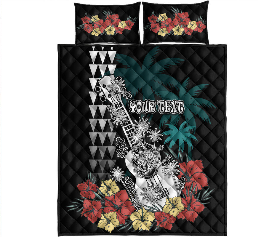 (Custom Personalised) Hawaii Ukulele Mix Hibiscus and Coconut Tree Quilt Bed Set Aloha Vintage Black Version