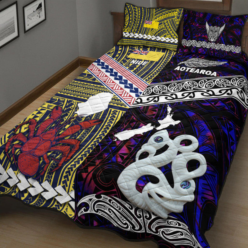 New Zealand And Niue Quilt Bed Set Together Purple
