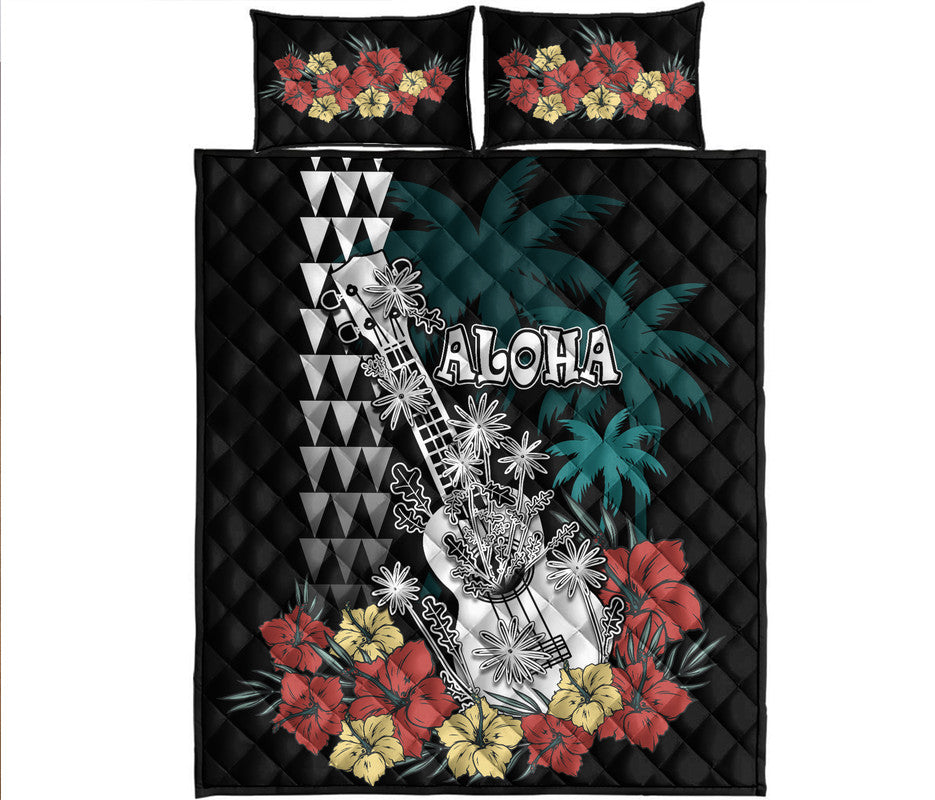 Hawaii Ukulele Mix Hibiscus and Coconut Tree Quilt Bed Set Aloha Vintage Black Version