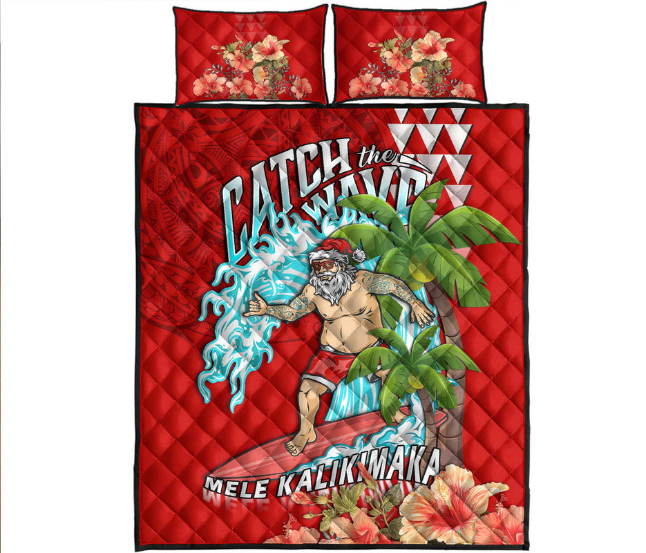 Hawaii Mele Kalikimaka Quilt Bed Set Santa Claus Surfing Xmas Time