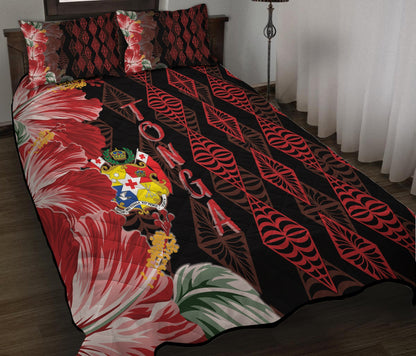 Tonga Quilt Bed Set Diamond Style Mix Hibiscus Black