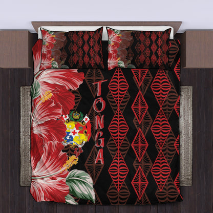 Tonga Quilt Bed Set Diamond Style Mix Hibiscus Black