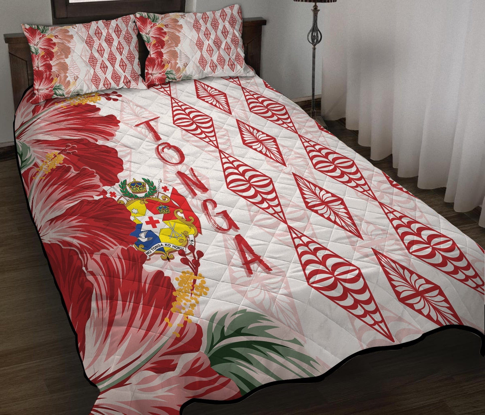 Tonga Quilt Bed Set Diamond Style Mix Hibiscus White