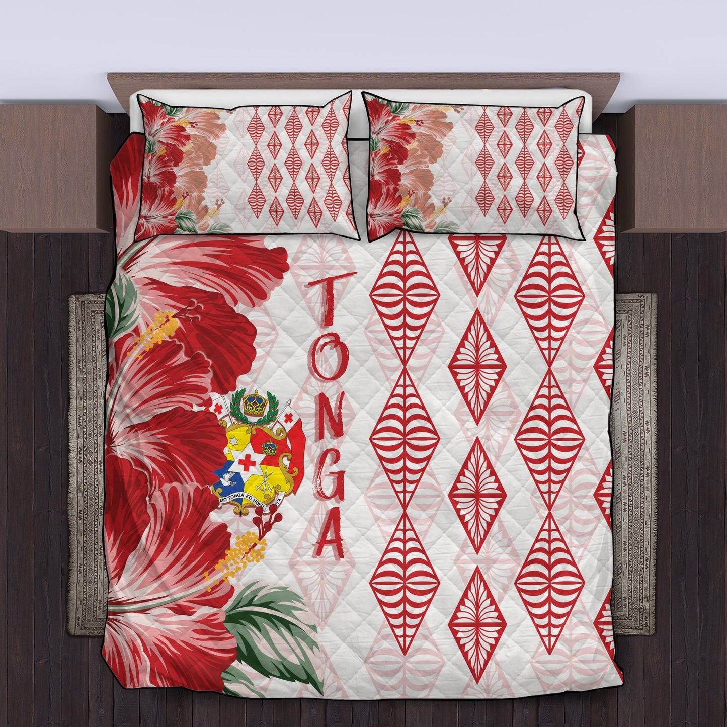 Tonga Quilt Bed Set Diamond Style Mix Hibiscus White