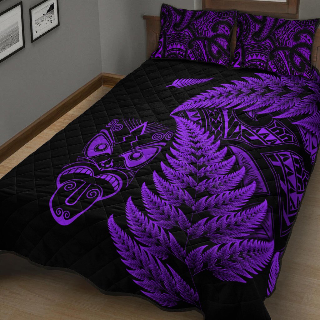 New Zealand Haka Rugby Maori Quilt Bed Set Silver Fern Vibes Purple