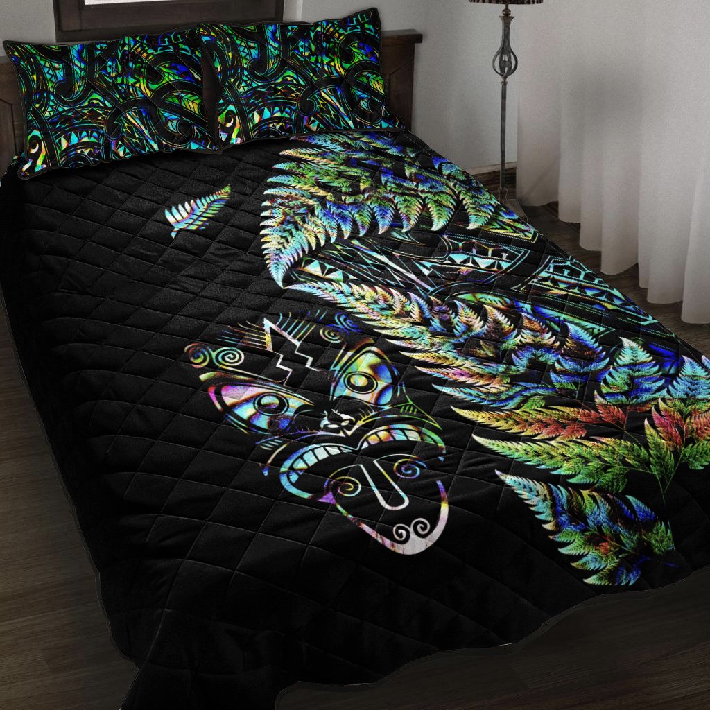 New Zealand Haka Rugby Maori Quilt Bed Set Silver Fern Vibes Paua Shell