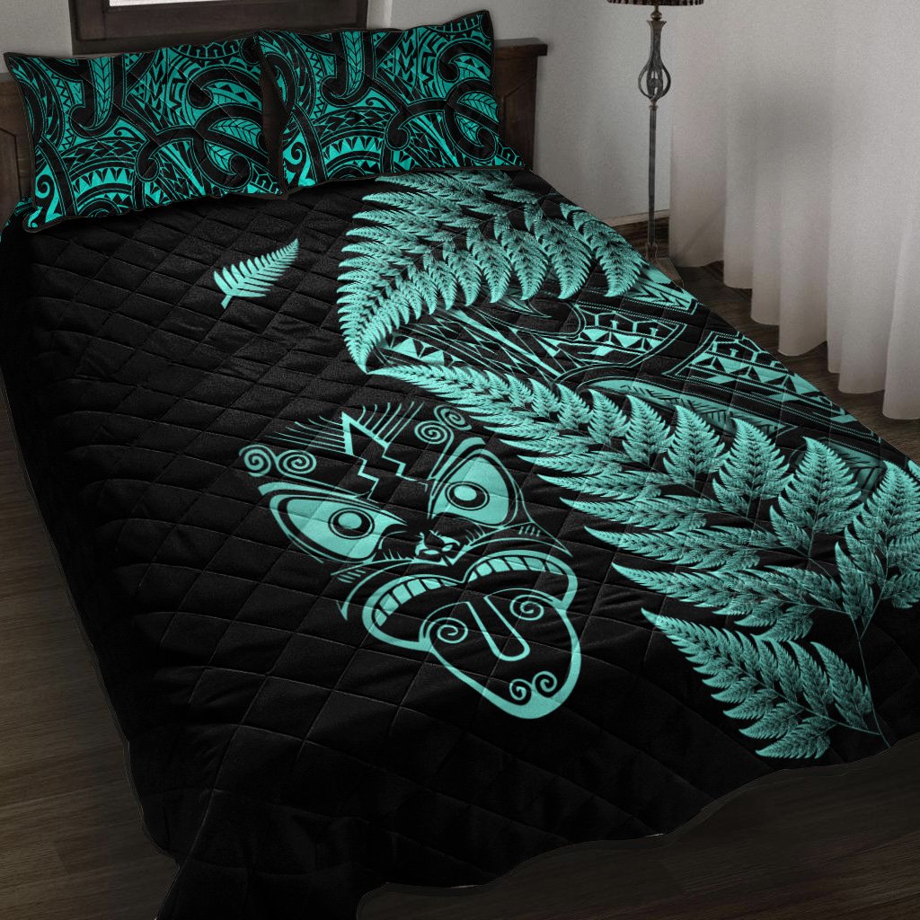 New Zealand Haka Rugby Maori Quilt Bed Set Silver Fern Vibes Turquoise