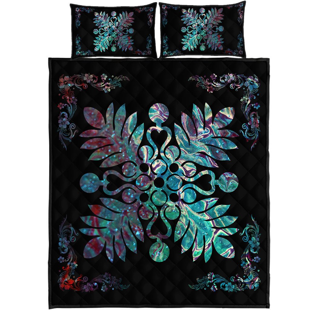Hawaiian Quilt Maui Plant And Hibiscus Pattern Quilt Bed Set Shell Black AH