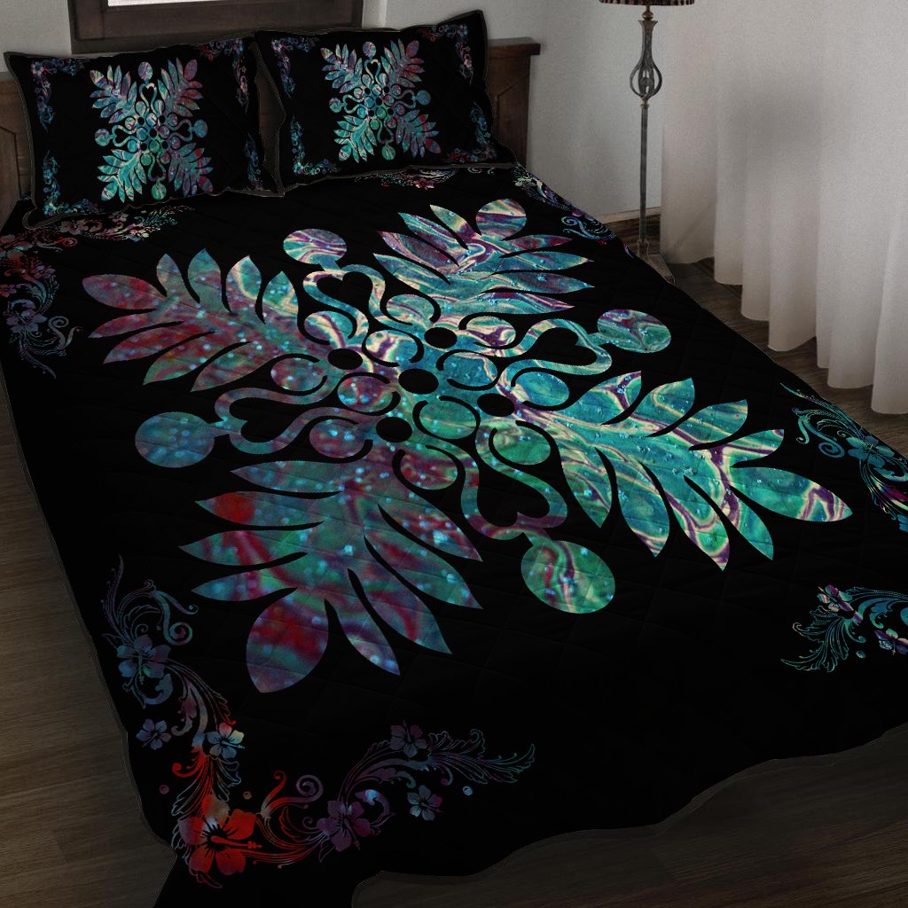 Hawaiian Quilt Maui Plant And Hibiscus Pattern Quilt Bed Set Shell Black AH