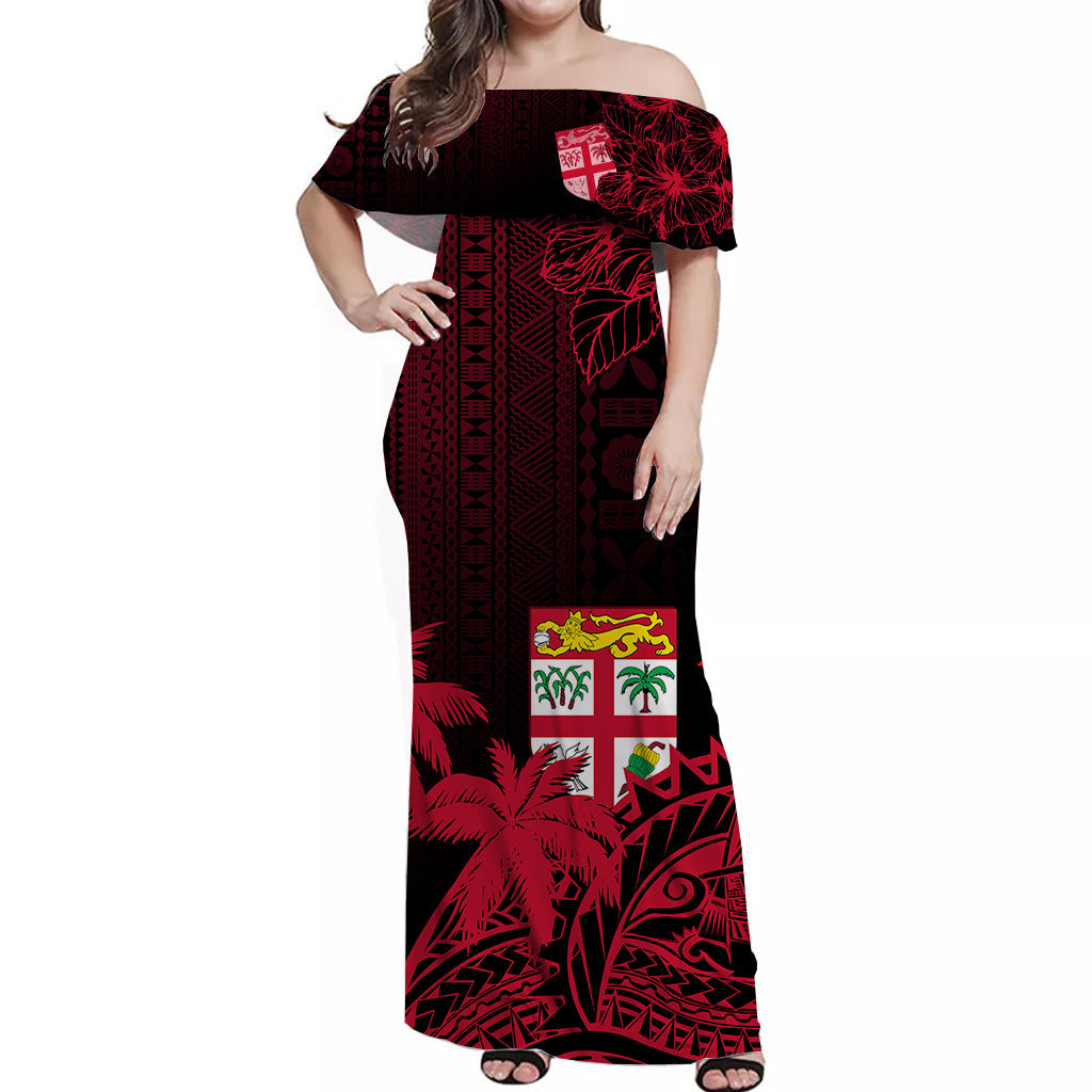Fiji Tapa On The Waves Off Shoulder Long Dress Red