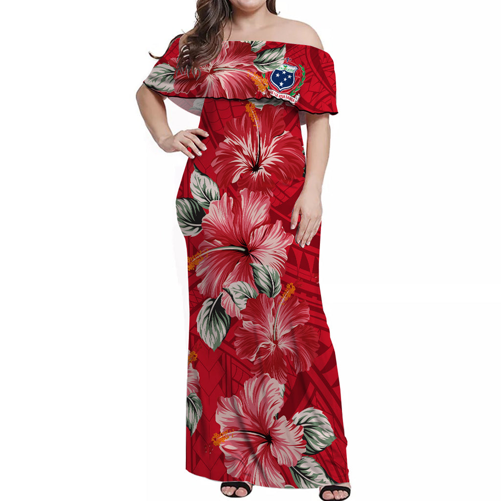 Samoa Off Shoulder Long Dress Hibiscus Unique Style Red