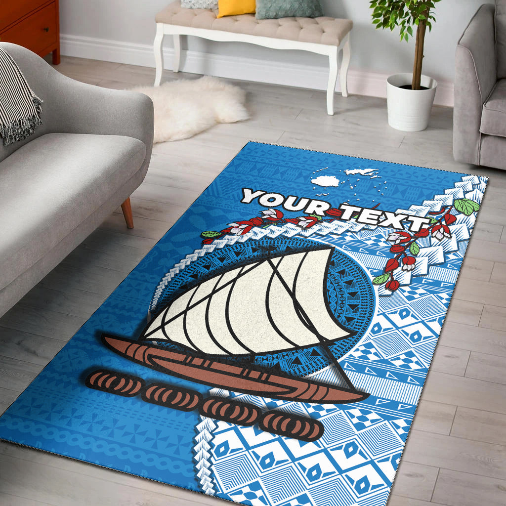(Custom Personalised) Fiji Area Rug Fijian Drua Mix Tagimaucia Flower Blue Style Ver.02
