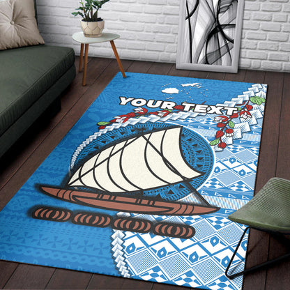 (Custom Personalised) Fiji Area Rug Fijian Drua Mix Tagimaucia Flower Blue Style Ver.02