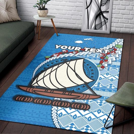 (Custom Personalised) Fiji Area Rug Fijian Drua Mix Tagimaucia Flower Blue Style Ver.02