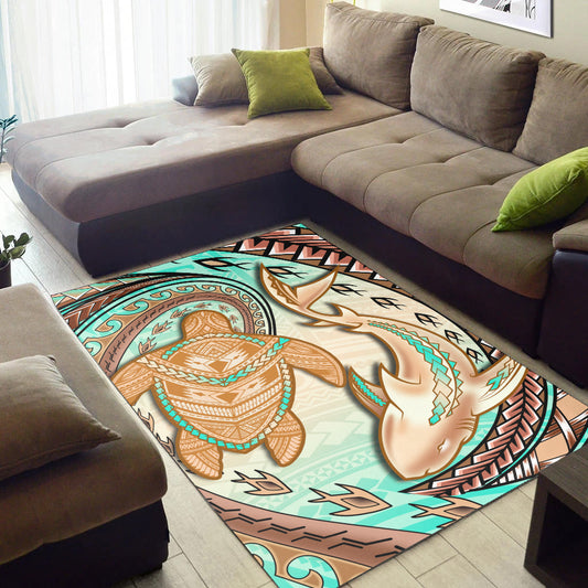 Hawaii Area Rug Polynesian Shark And Sea Turtle Dreamy Turquoise Artsy